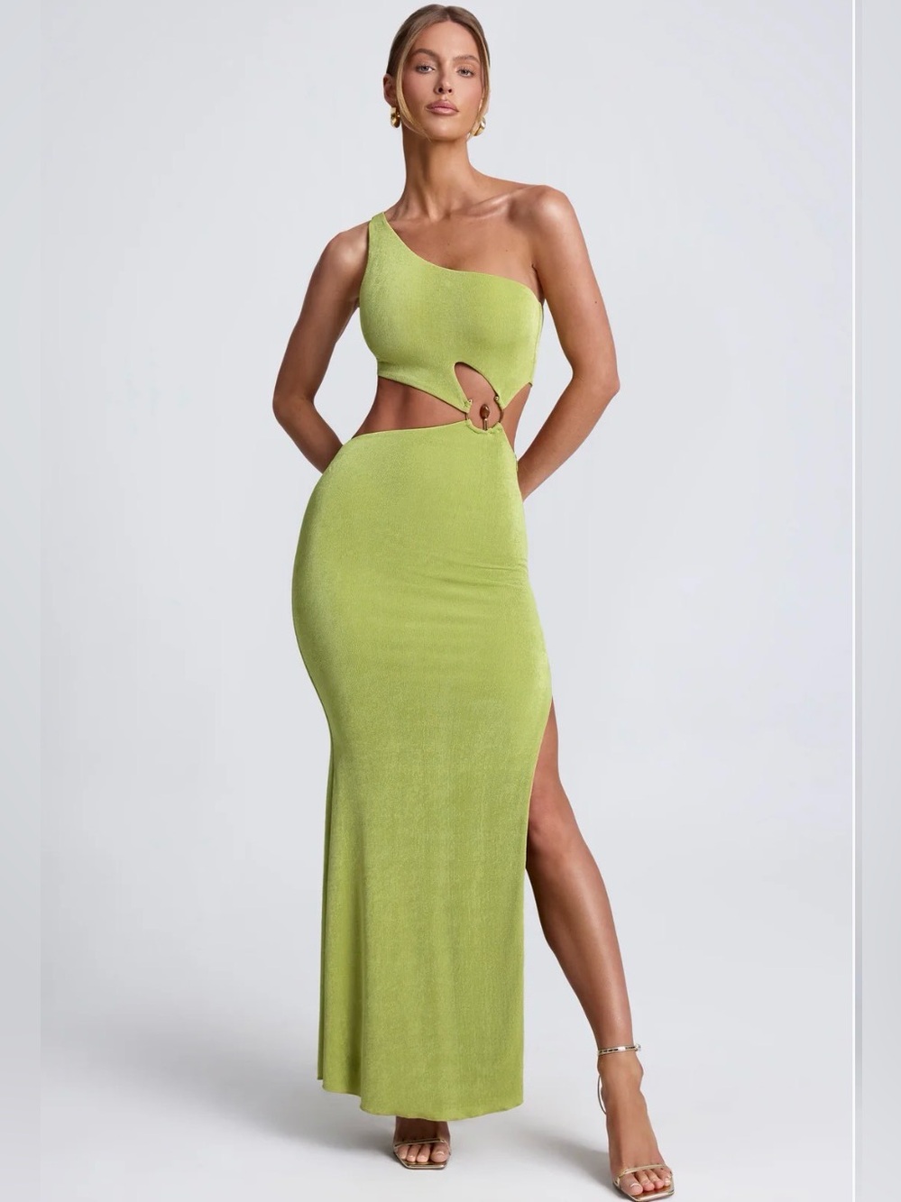 Oh Polly Rosalina One-Shoulder Maxi Dress Olive Green NWT